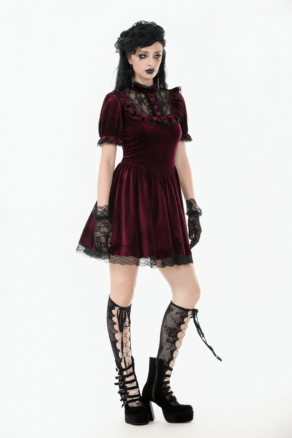 Gothic burgundy velvet mini dress with lace trim, puff sleeves, and Victorian style, perfect for vintage-inspired outfits.