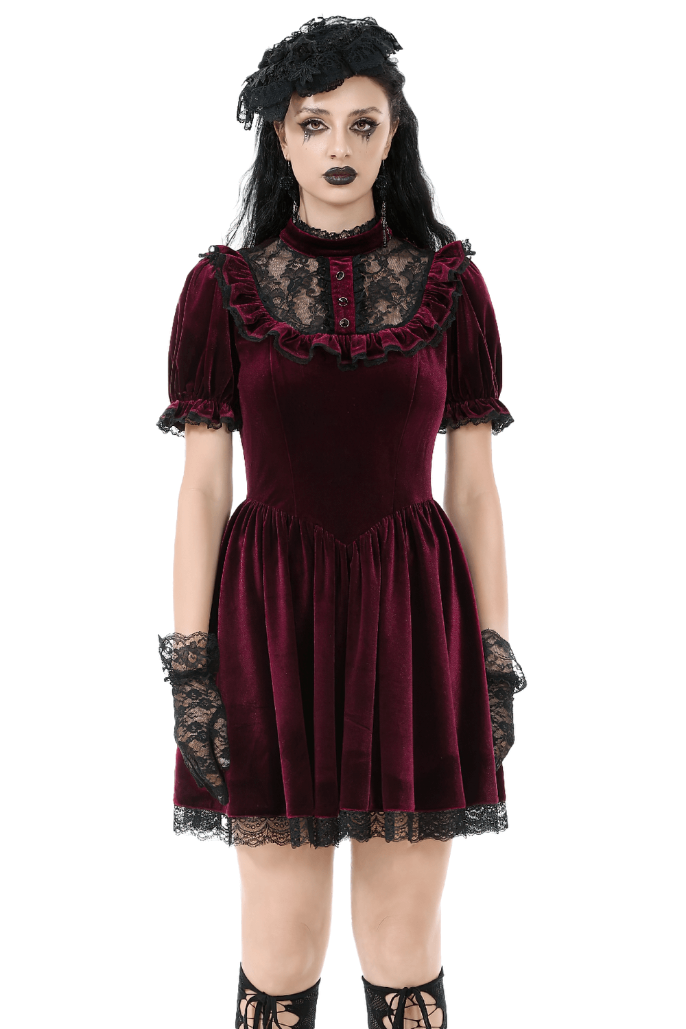 Gothic burgundy velvet dress with lace trim, puff sleeves, and vintage vibes, perfect for Victorian-inspired looks.