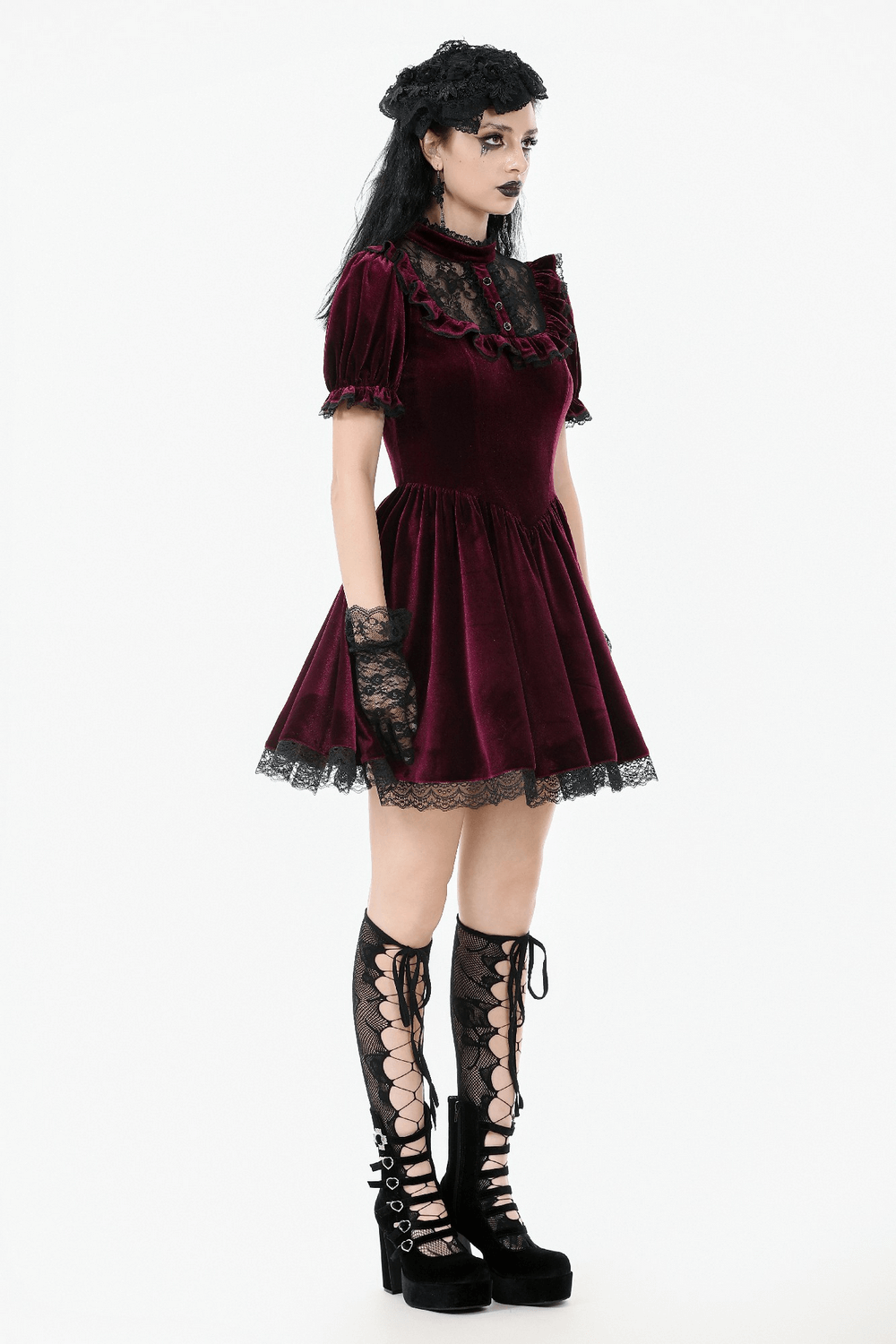 Gothic burgundy velvet mini dress with lace trim, puff sleeves, and vintage-inspired style.