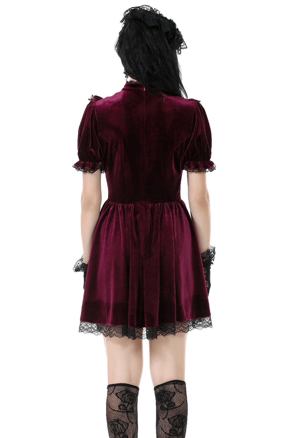 Back view of gothic burgundy velvet dress with lace trim and puff sleeves, showcasing vintage style and elegance.