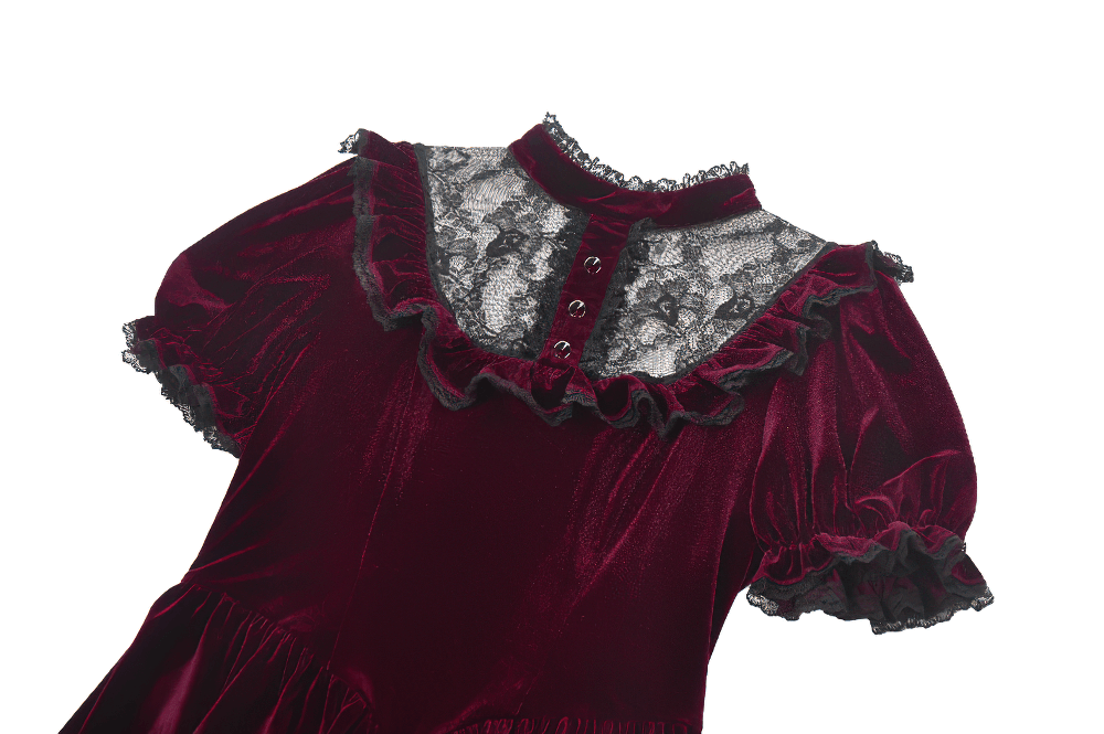Gothic burgundy velvet dress with lace trim, puff sleeves, and Victorian-inspired design details.