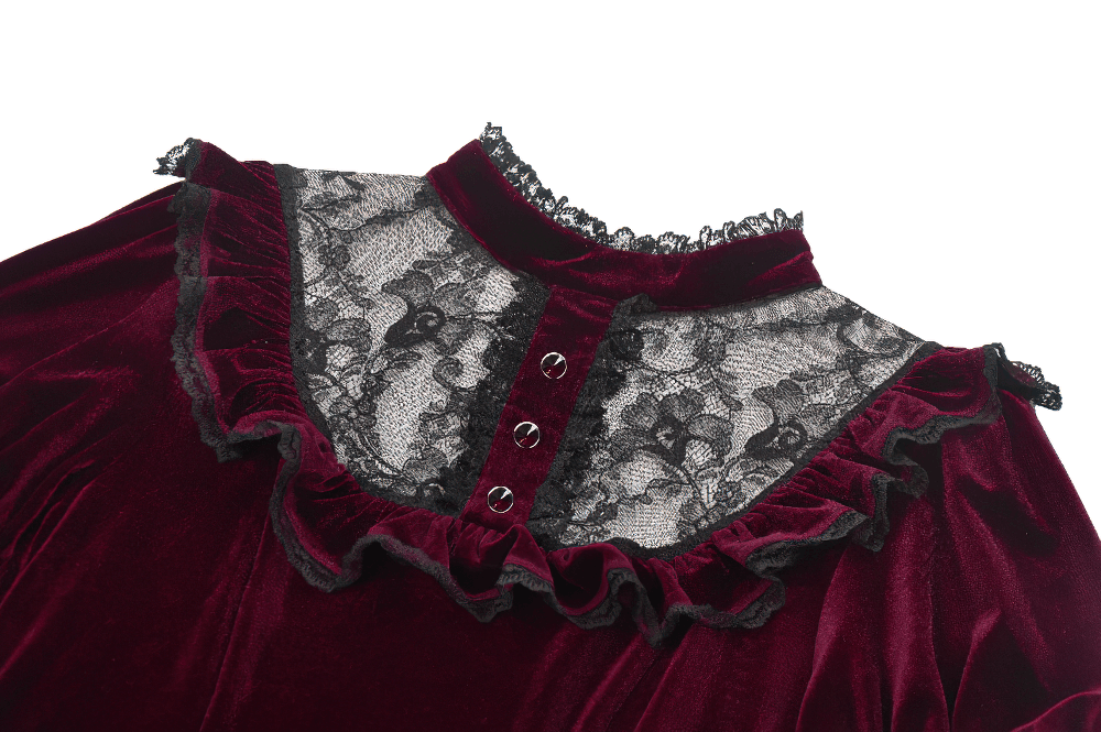 Gothic burgundy velvet dress with lace yoke and frill, featuring buttoned front and Victorian-inspired design.