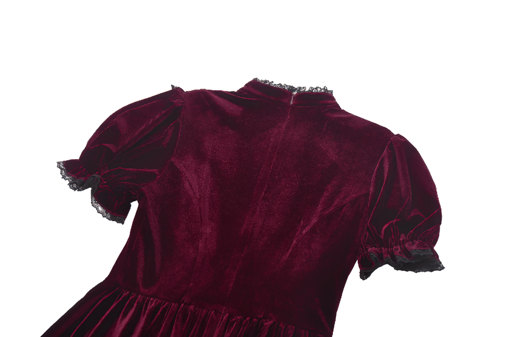 Gothic burgundy velvet mini dress with puff sleeves and lace trim, showcasing vintage Victorian elegance.