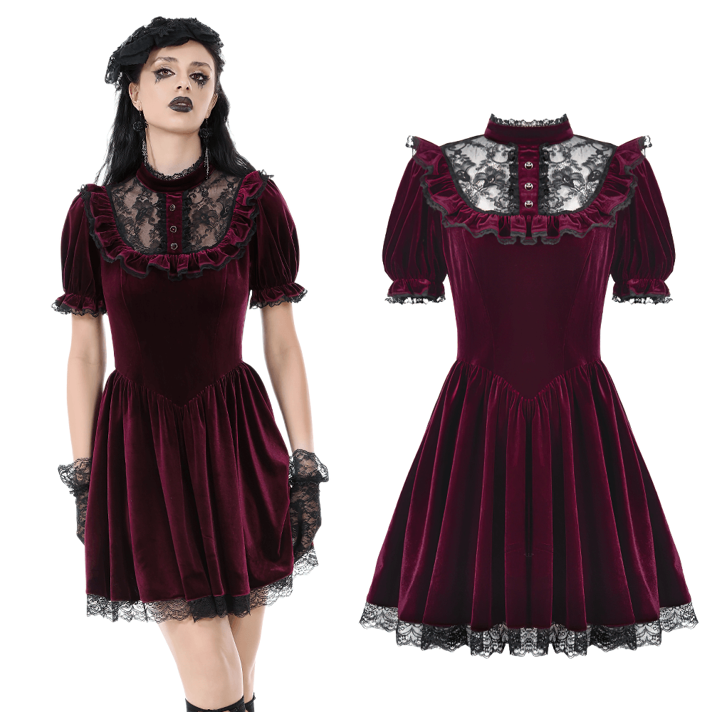Gothic burgundy velvet mini dress with lace trim, puff sleeves, and Victorian-style high neckline.