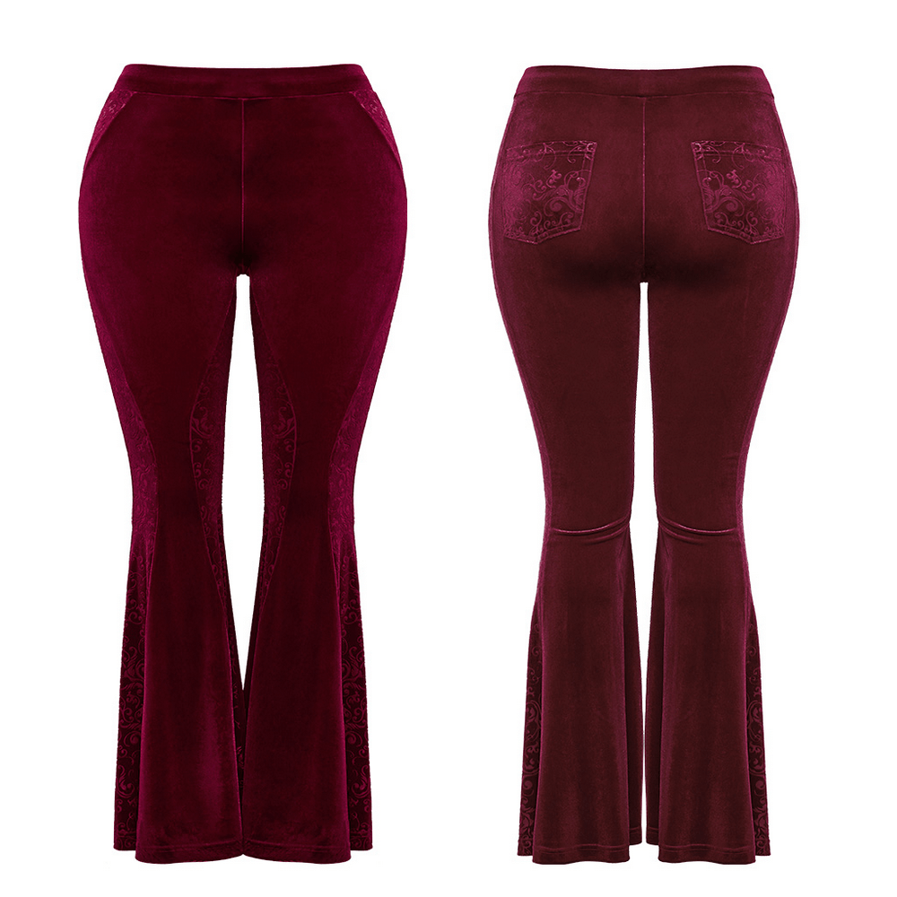 Gothic burgundy velvet flared pants with embossed details, showcasing elegant hourglass shape and practical patch pockets.