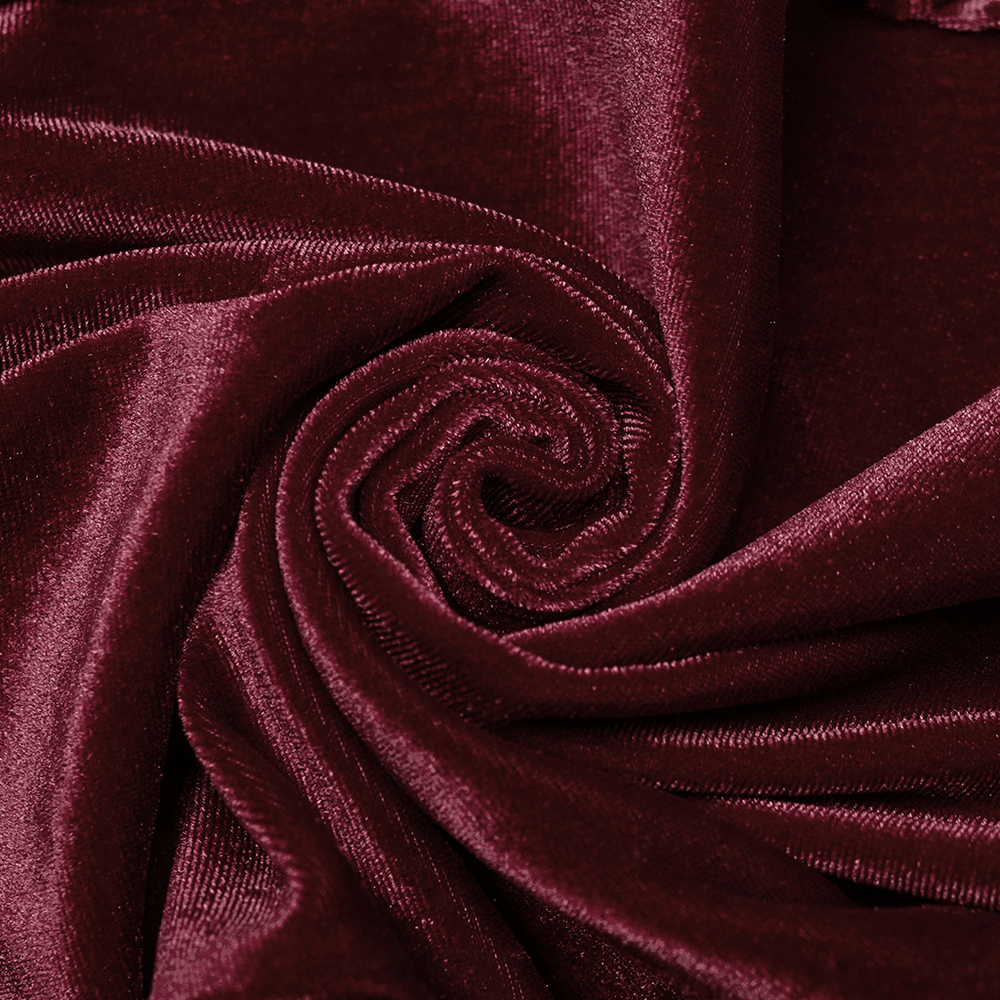 Luxurious burgundy velvet fabric showcasing a soft, elegant texture, perfect for gothic fashion and stylish apparel.
