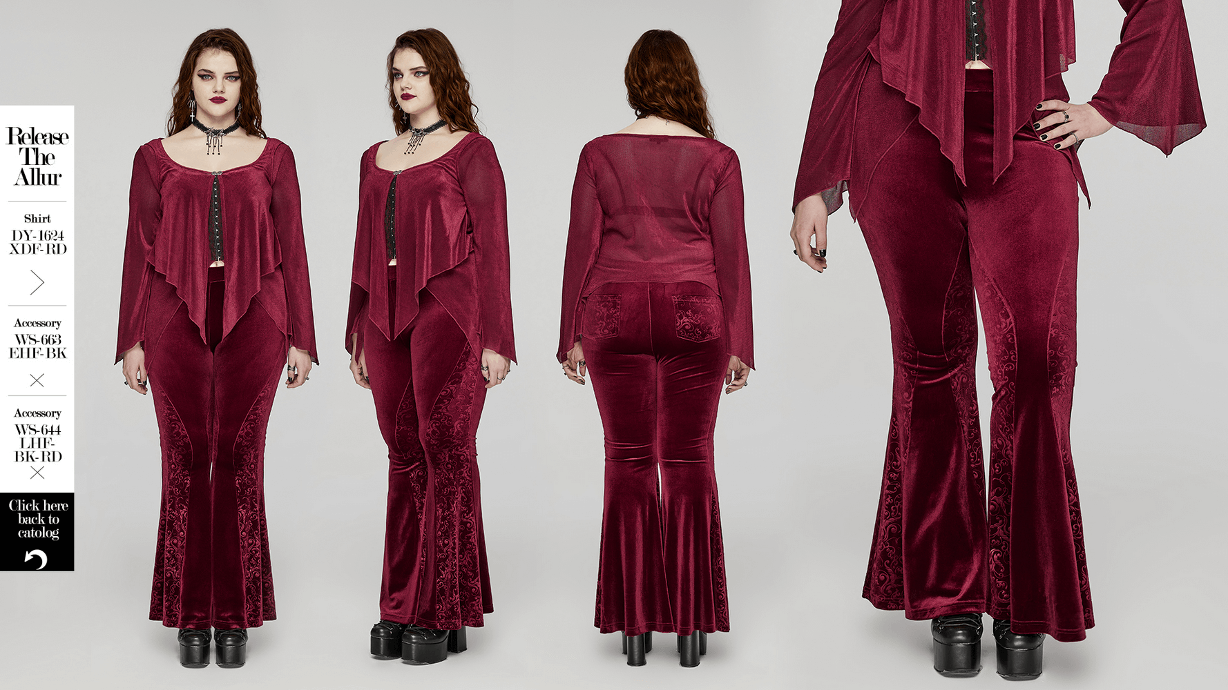 Gothic burgundy velvet flared pants with embossed details, showcasing a stylish hourglass silhouette.