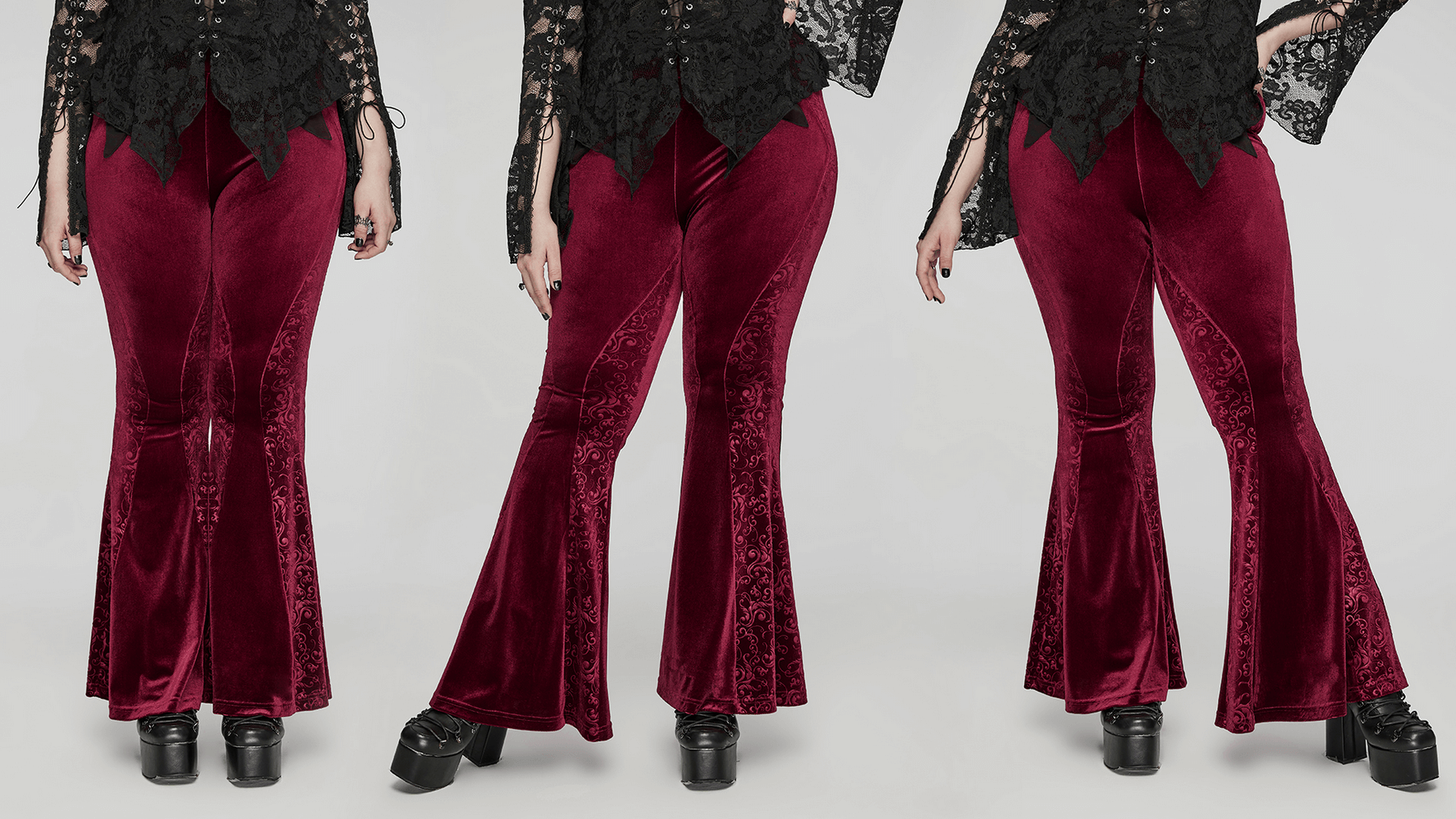 Gothic burgundy velvet flared pants with embossed details, showcasing elegance and dramatic flair.