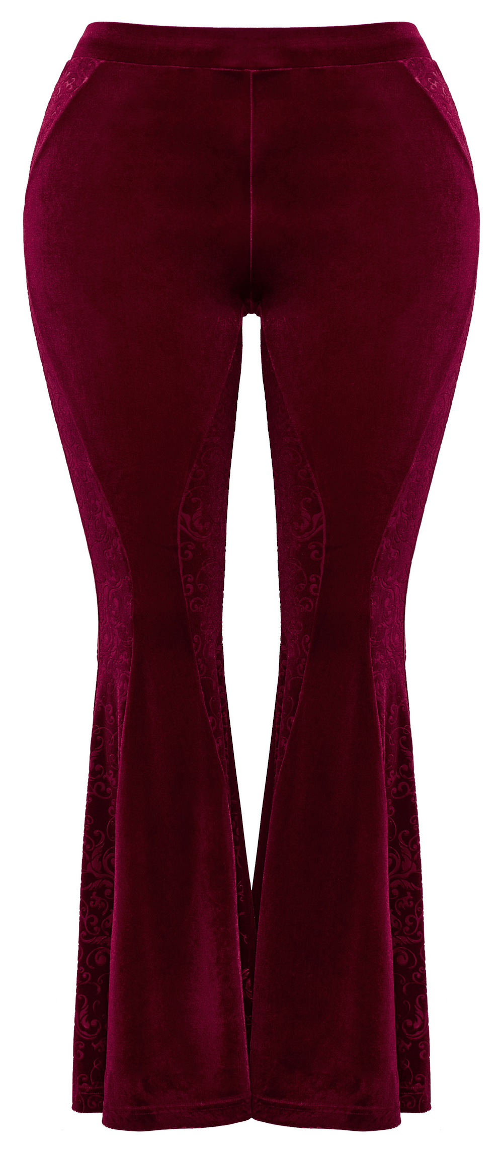 Gothic Burgundy Velvet Flared Pants with Embossed Details