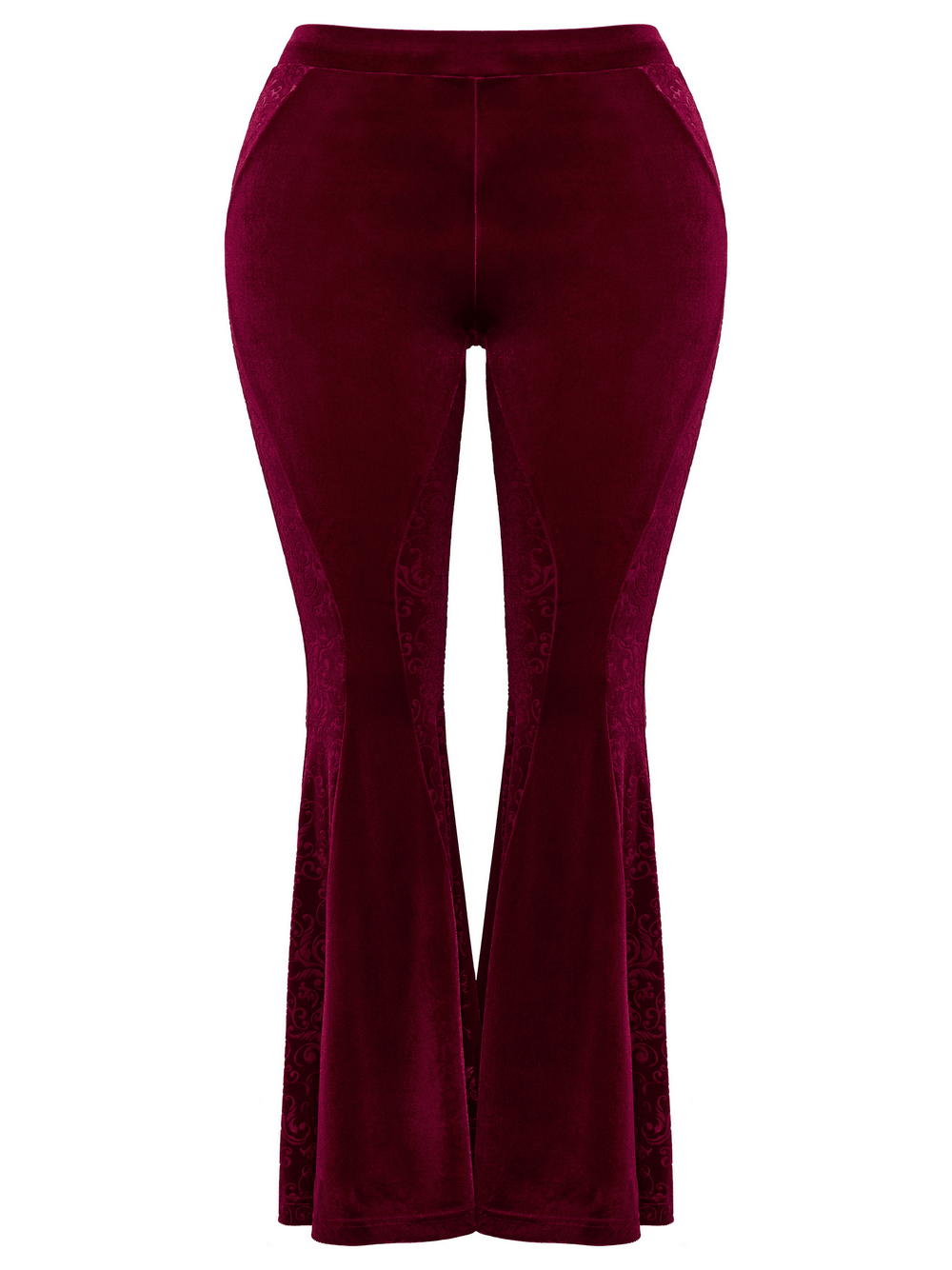 Gothic burgundy velvet flared pants with embossed details and a stylish hourglass shape.