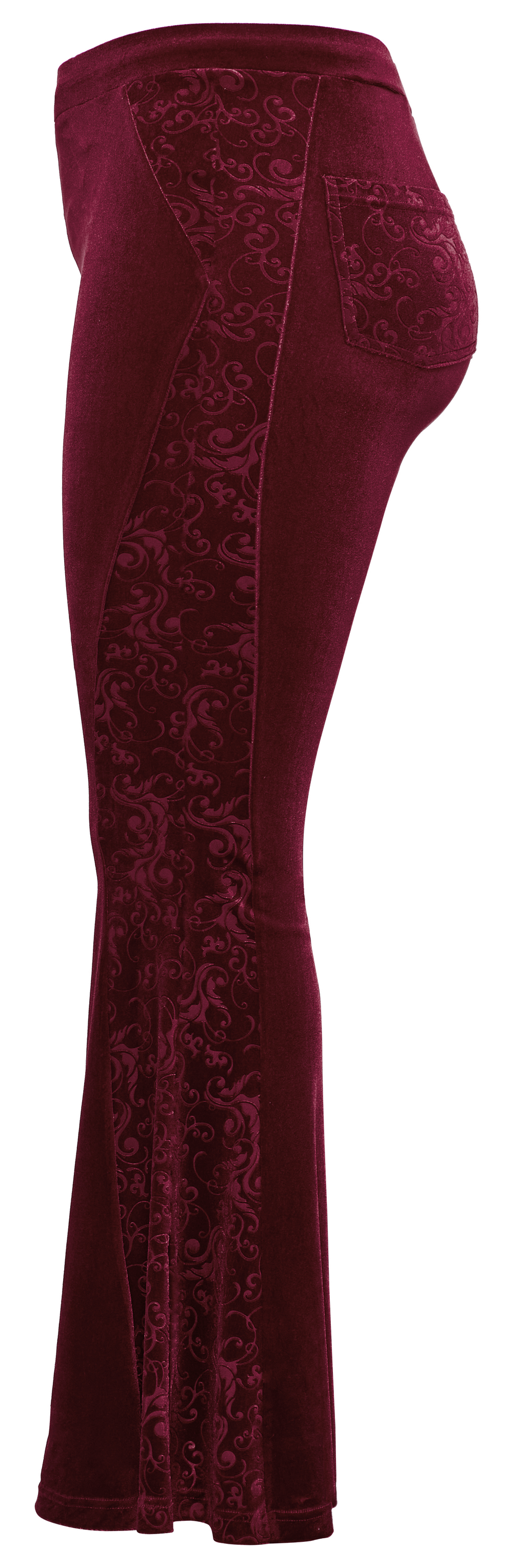 Gothic Burgundy Velvet Flared Pants with Embossed Details