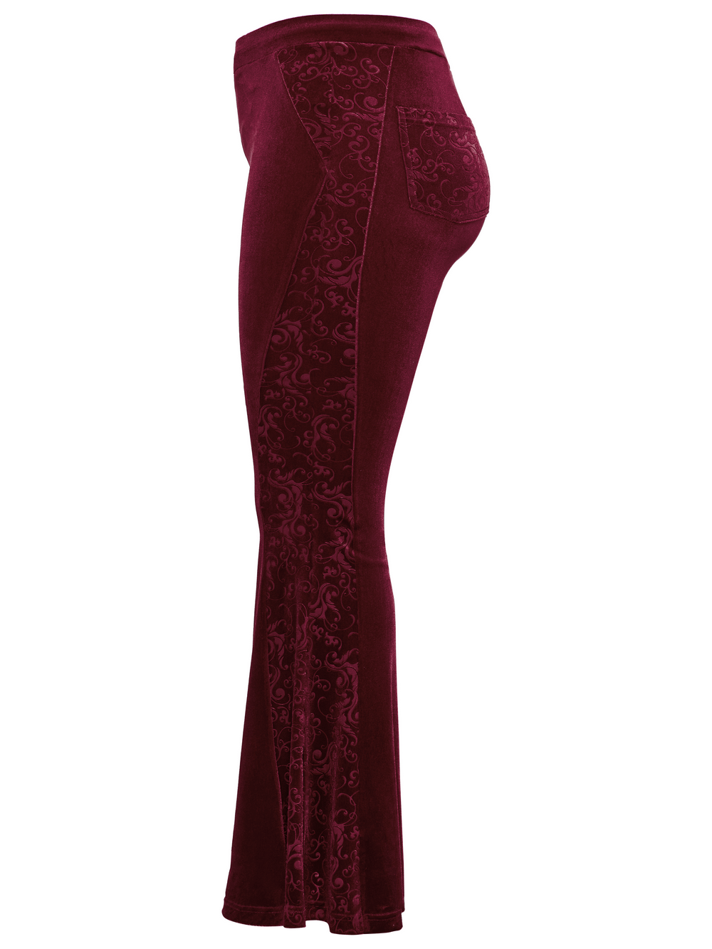 Gothic burgundy velvet flared pants showcasing embossed details and hourglass silhouette.