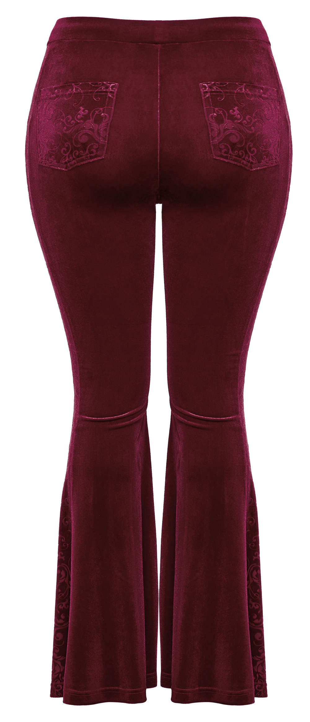 Gothic Burgundy Velvet Flared Pants with Embossed Details