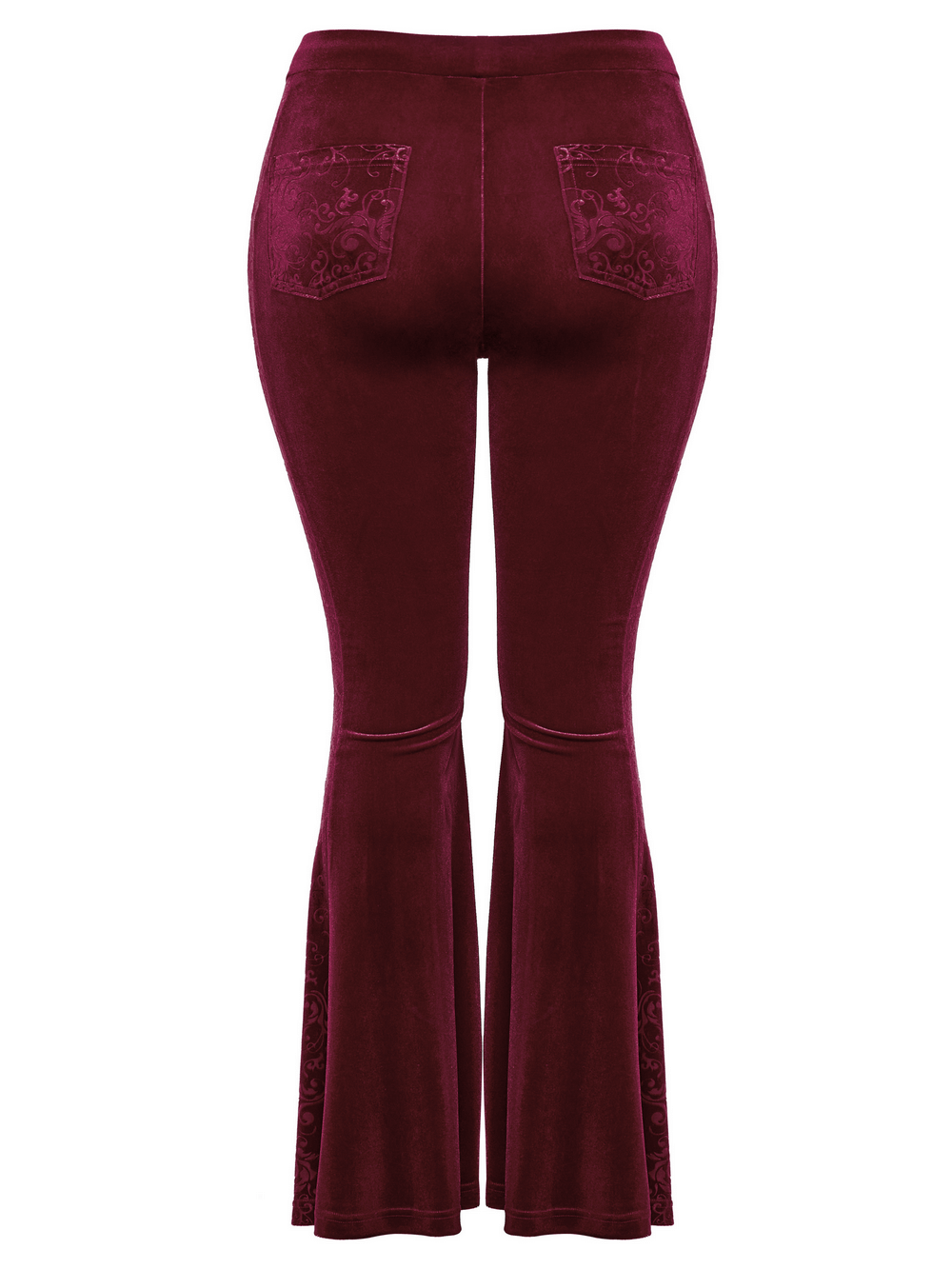 Gothic burgundy velvet flared pants with embossed details, showcasing a dramatic silhouette and practical patch pockets.