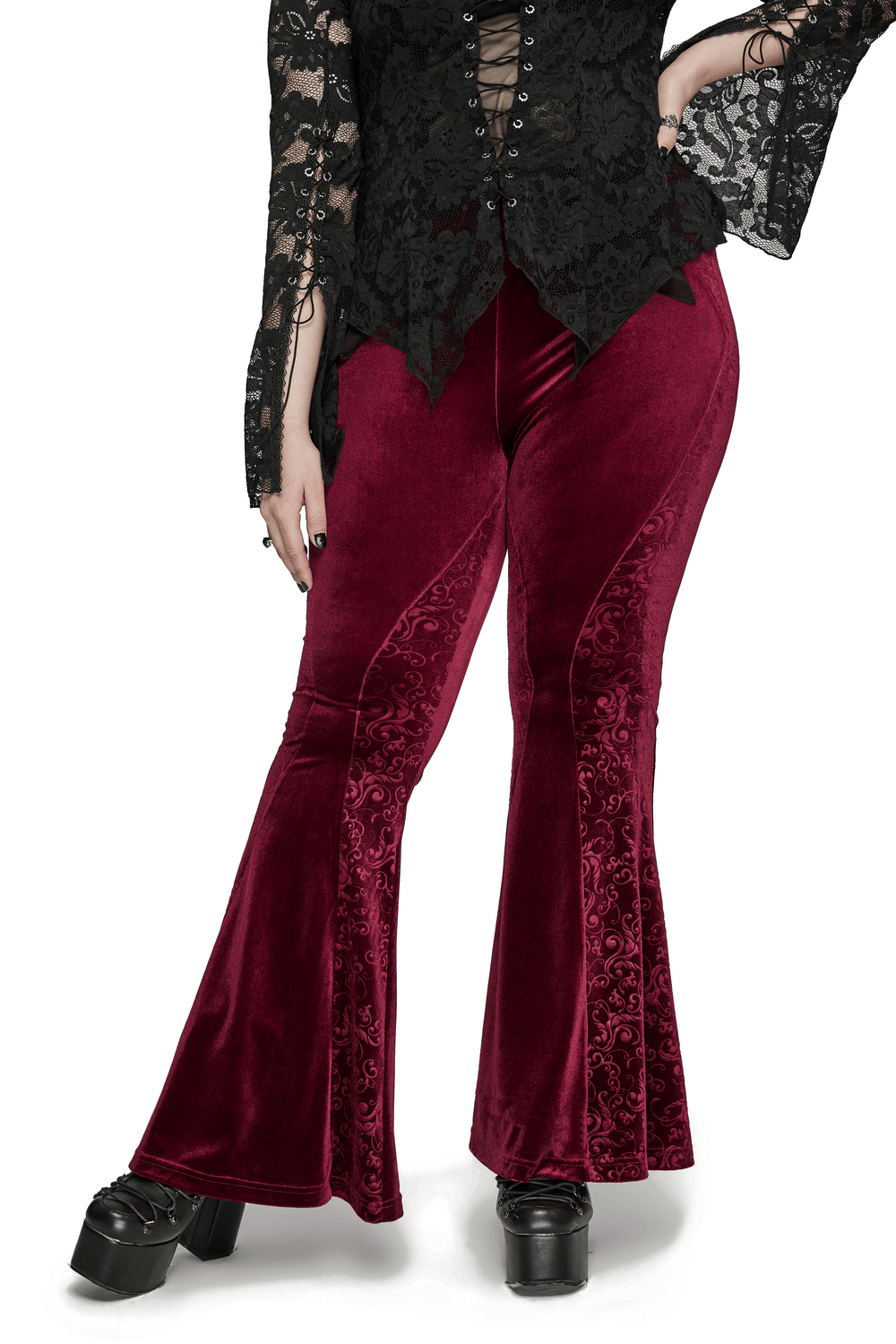 Elegant gothic burgundy velvet flared pants with embossed details for a stunning silhouette.