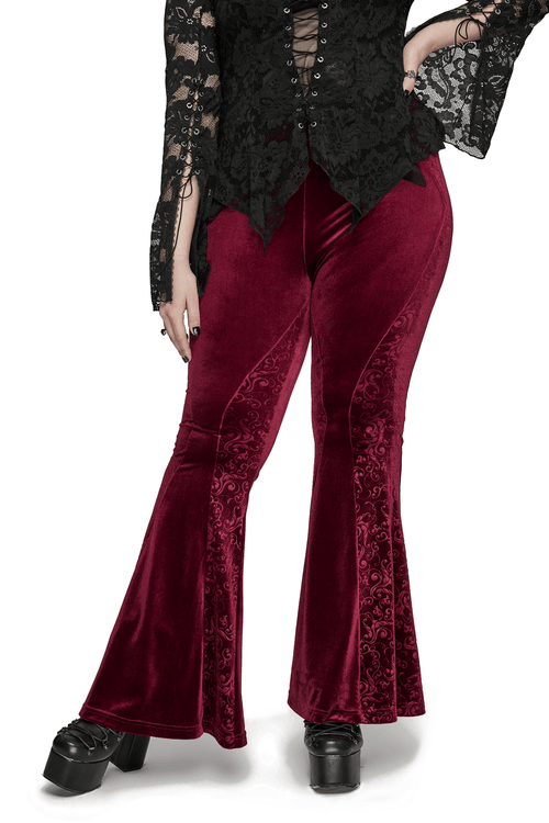 Pantalon évasé gothique en velours bordeaux avec détails en relief