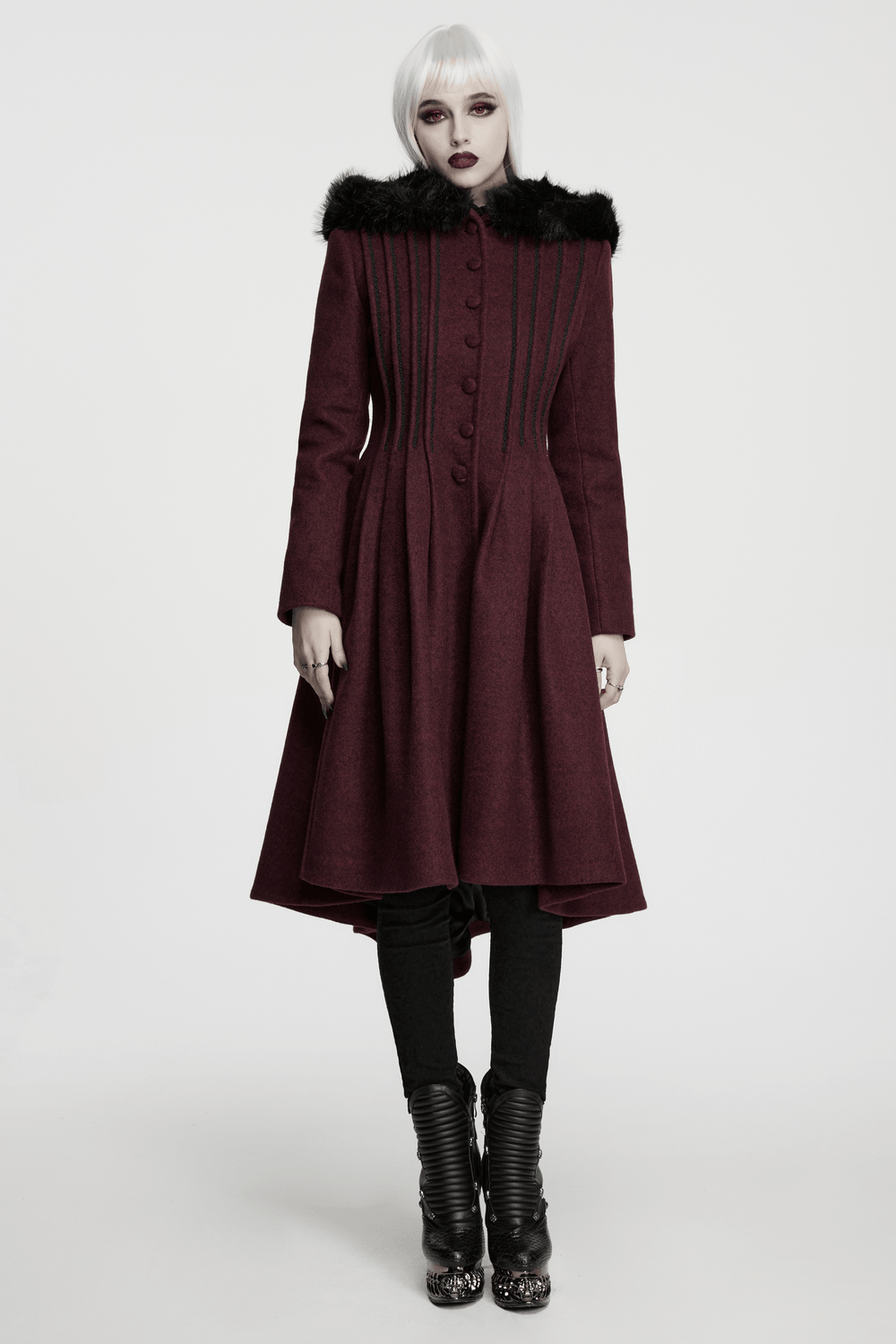 Gothic Burgundy Wool Coat with Fur Hood for Women showcased on a model with stylish accessories.