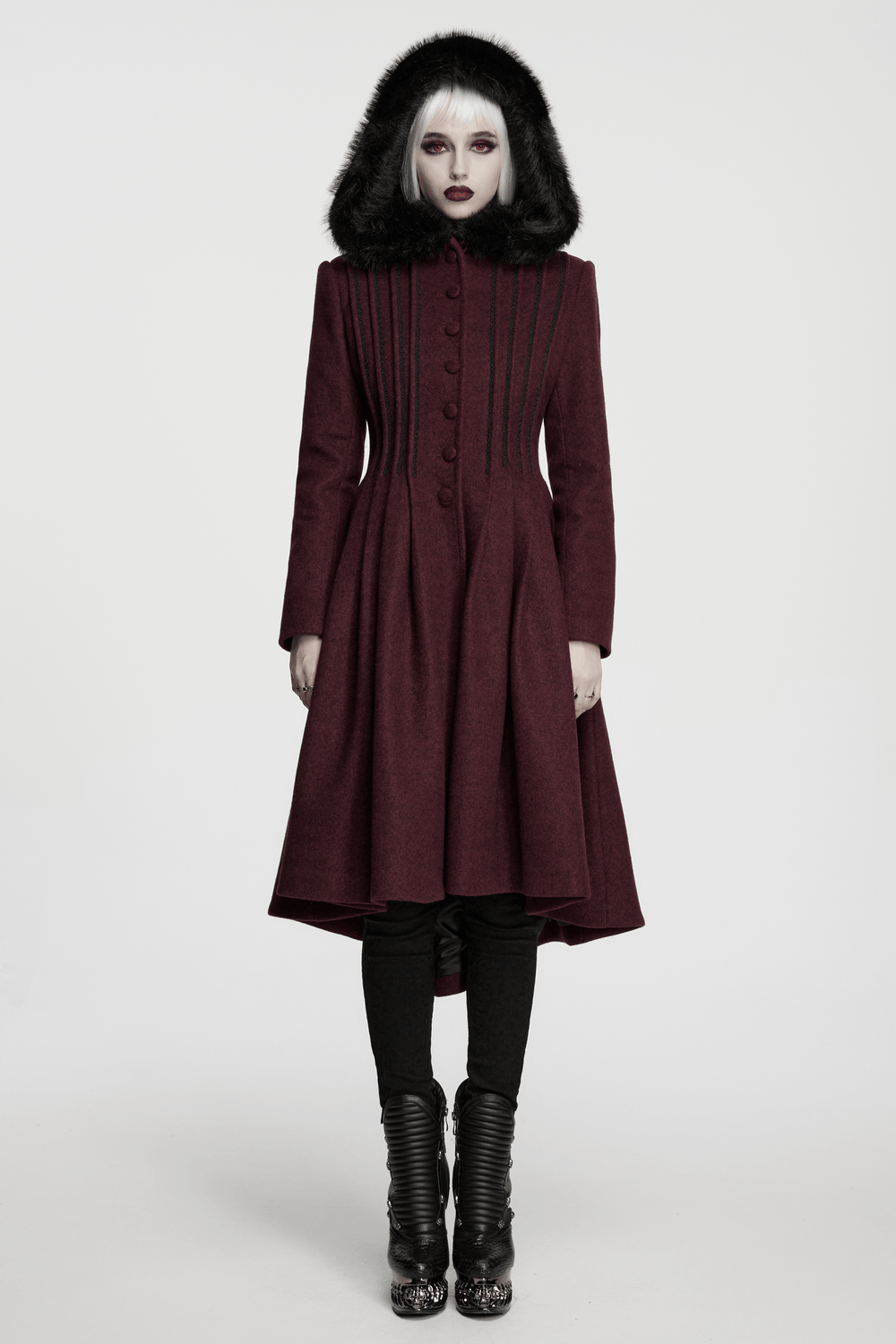 Gothic Burgundy Wool Coat with Fur Hood for Women, stylish and warm winter fashion, perfect for gothic outfits.