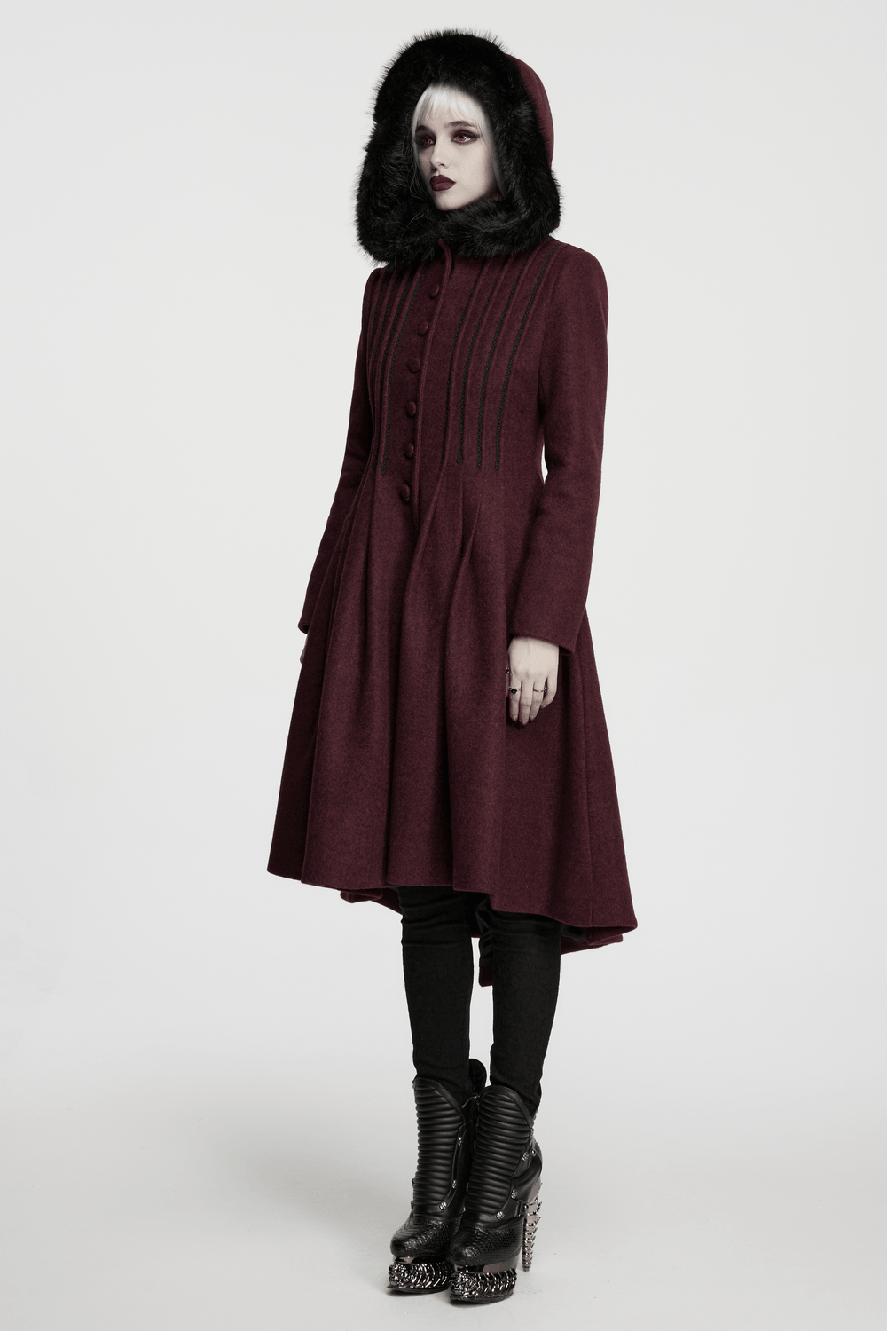 Gothic Burgundy Wool Coat with Fur Hood for Women showcased by a model in an elegant pose.