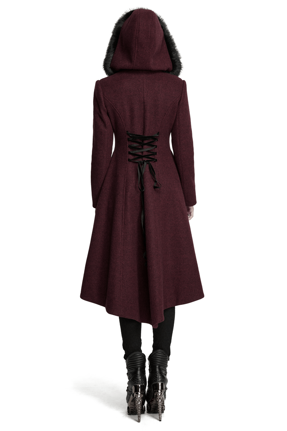 Gothic Burgundy Wool Coat with Fur Hood for Women showcased from the back, featuring elegant lace-up detailing.
