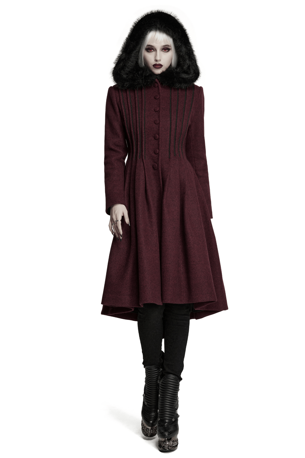 Gothic Burgundy Wool Coat with Fur Hood for Women worn by a model in stylish boots.