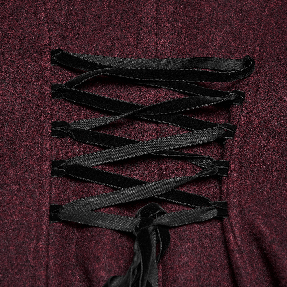 Gothic Burgundy Wool Coat with Fur Hood for Women showing intricate lace-up detail.