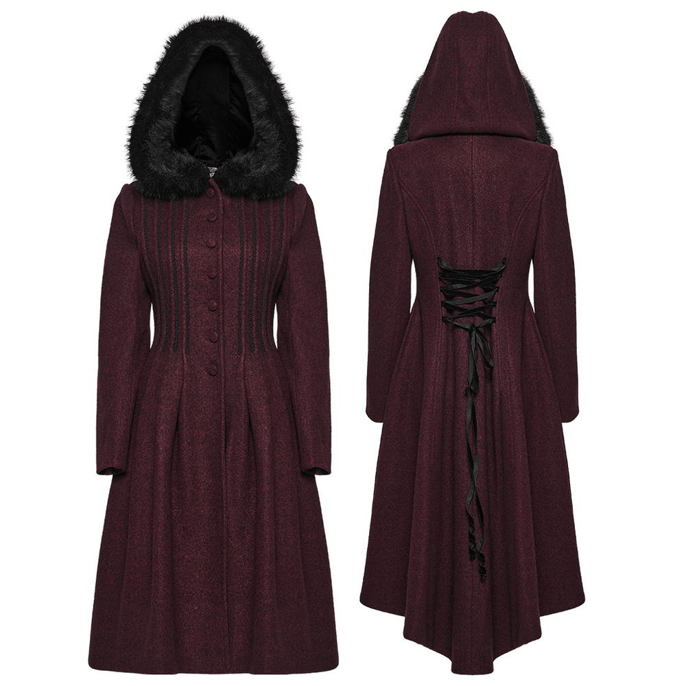 Gothic Burgundy Wool Coat with Fur Hood for Women, showcasing a stylish design with elegant buttons and back lacing.