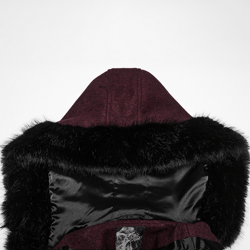 Gothic Burgundy Wool Coat with Fur Hood for Women showing the stylish hood detail.