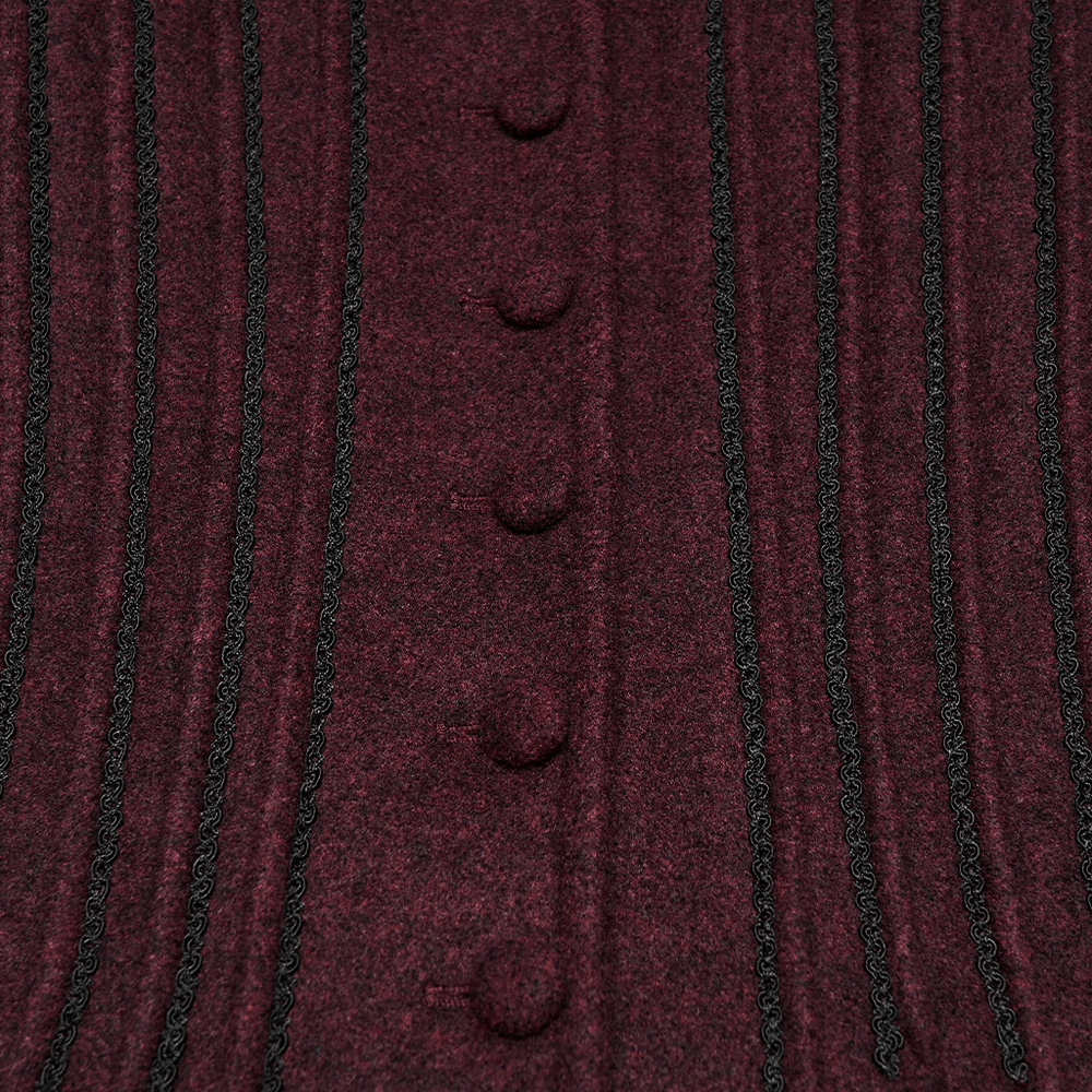 Gothic Burgundy Wool Coat with Fur Hood for Women, featuring intricate button detailing and elegant black trim.
