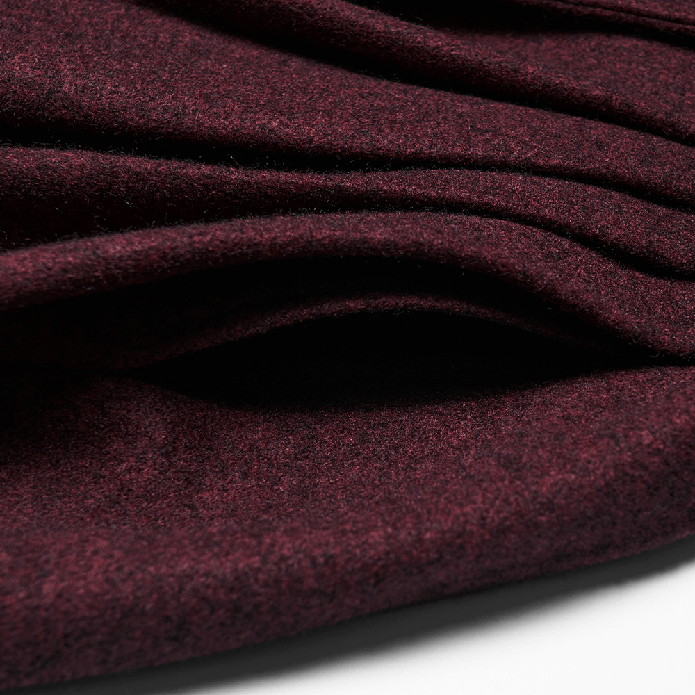 Gothic Burgundy Wool Coat with Fur Hood for Women, showcasing luxurious burgundy fabric and texture details.