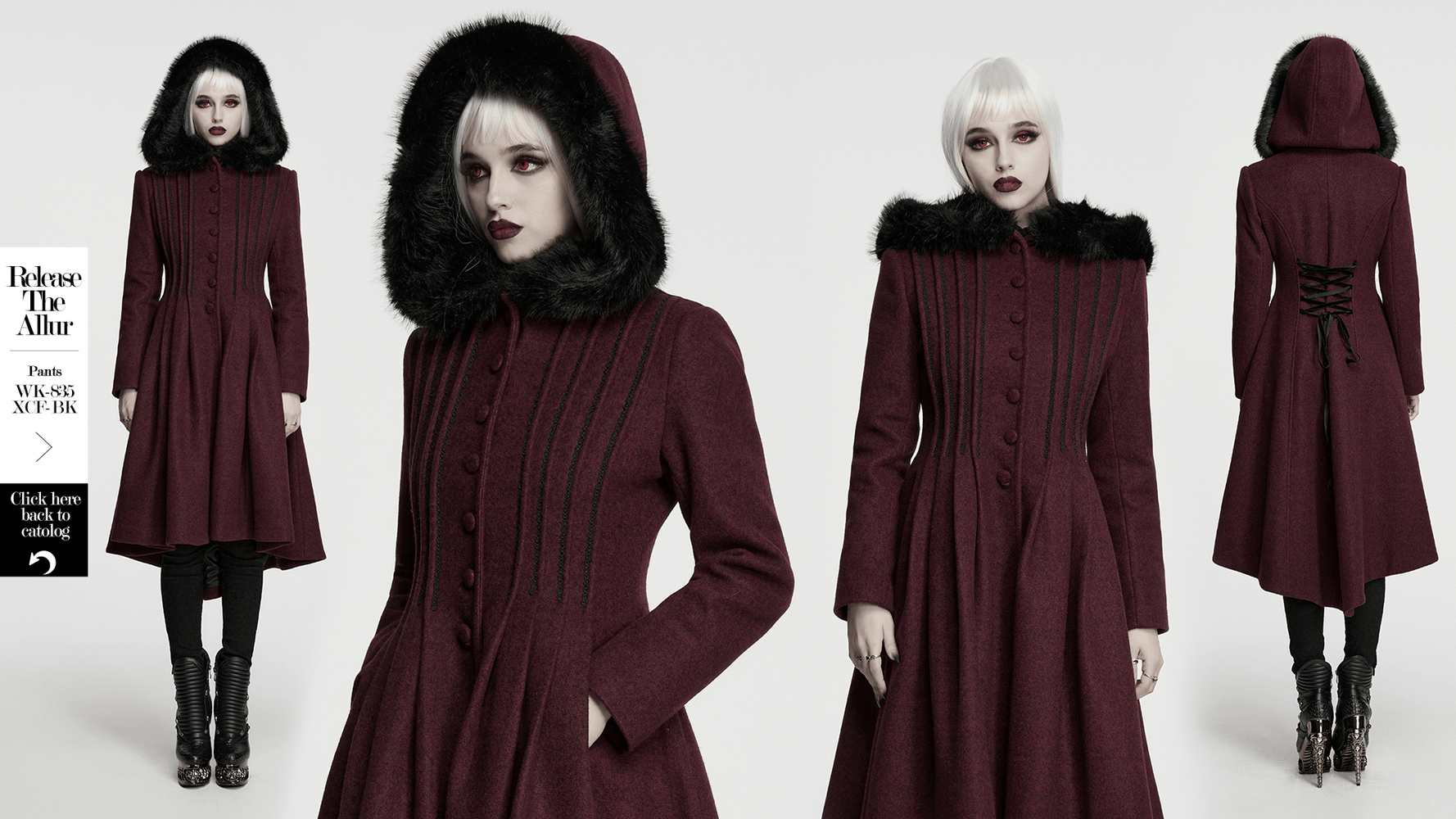 Gothic Burgundy Wool Coat with Fur Hood for Women displayed on a model, showcasing elegant design and stylish details.