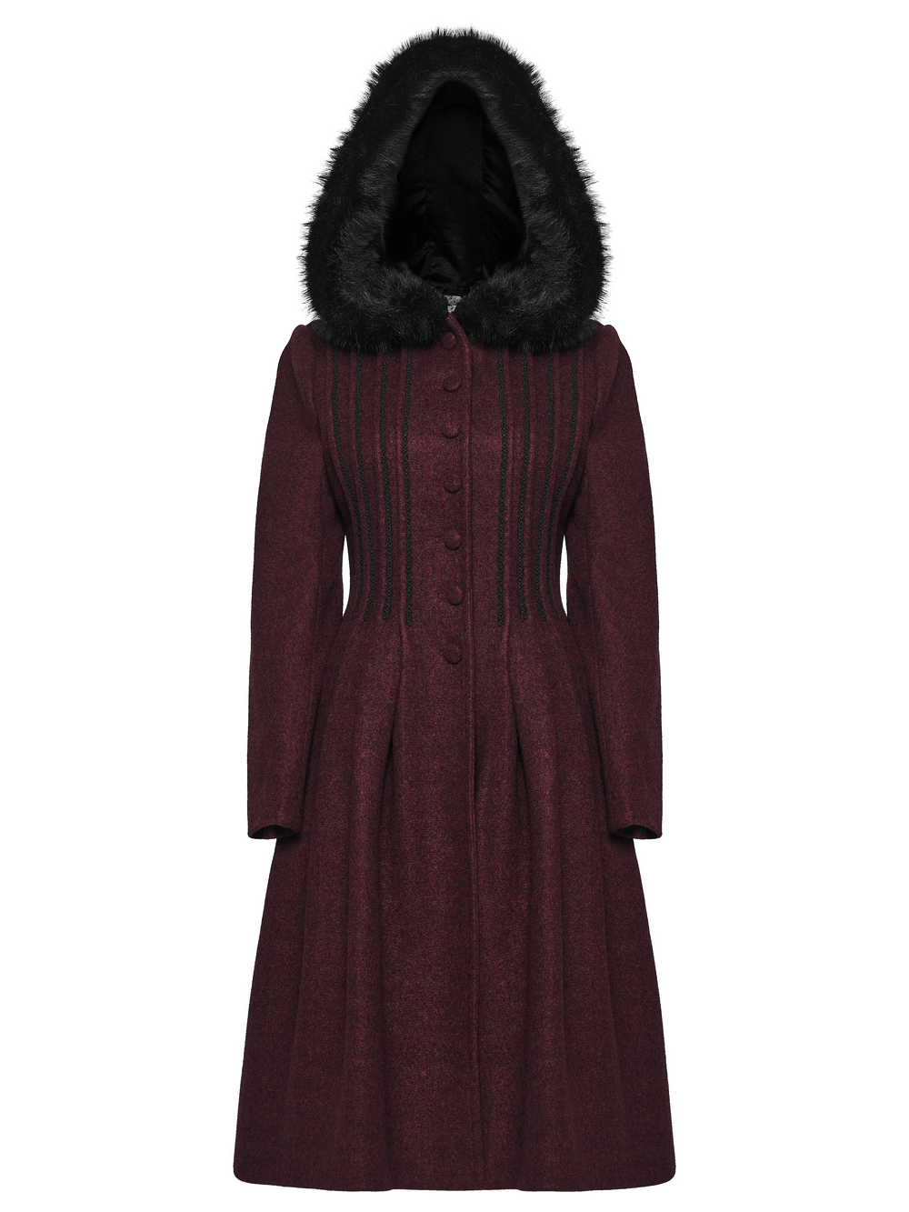Gothic Burgundy Wool Coat with Fur Hood for Women, stylish outerwear with a luxurious fur-lined hood.