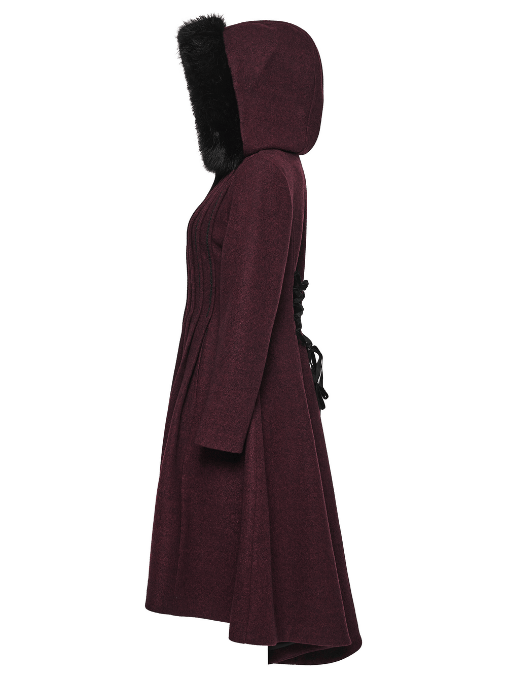 Gothic Burgundy Wool Coat with Fur Hood for Women displayed in a stylish side view.
