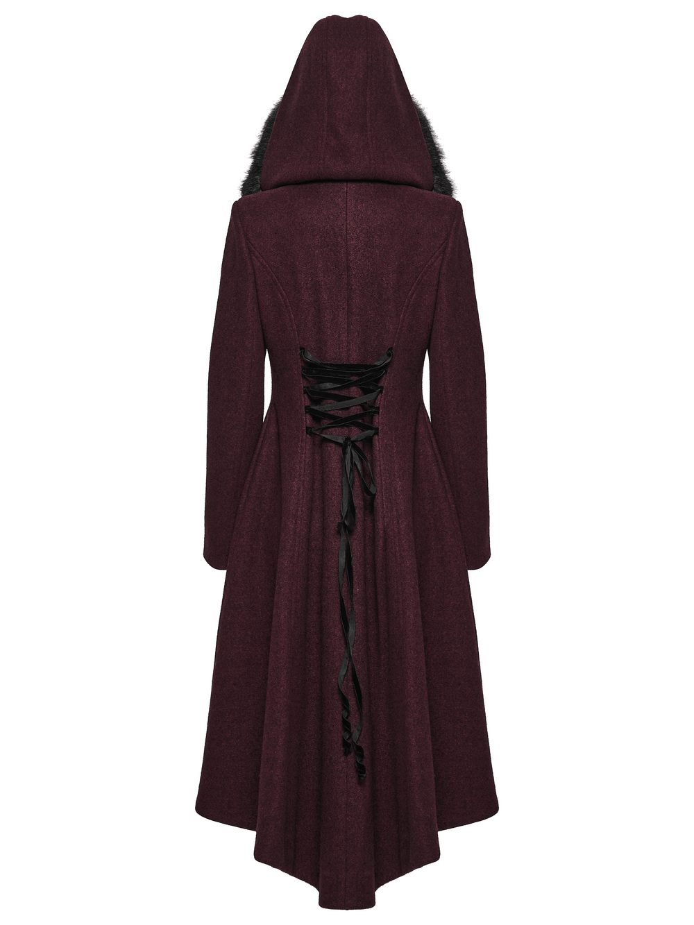 Gothic Burgundy Wool Coat with Fur Hood for Women, showcasing the elegant back design and intricate lacing detail.