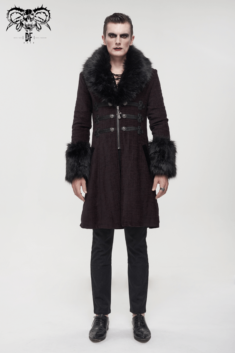 Men's gothic burgundy zipper coat with detachable faux fur and vintage buttons, perfect for a stylish gothic look.