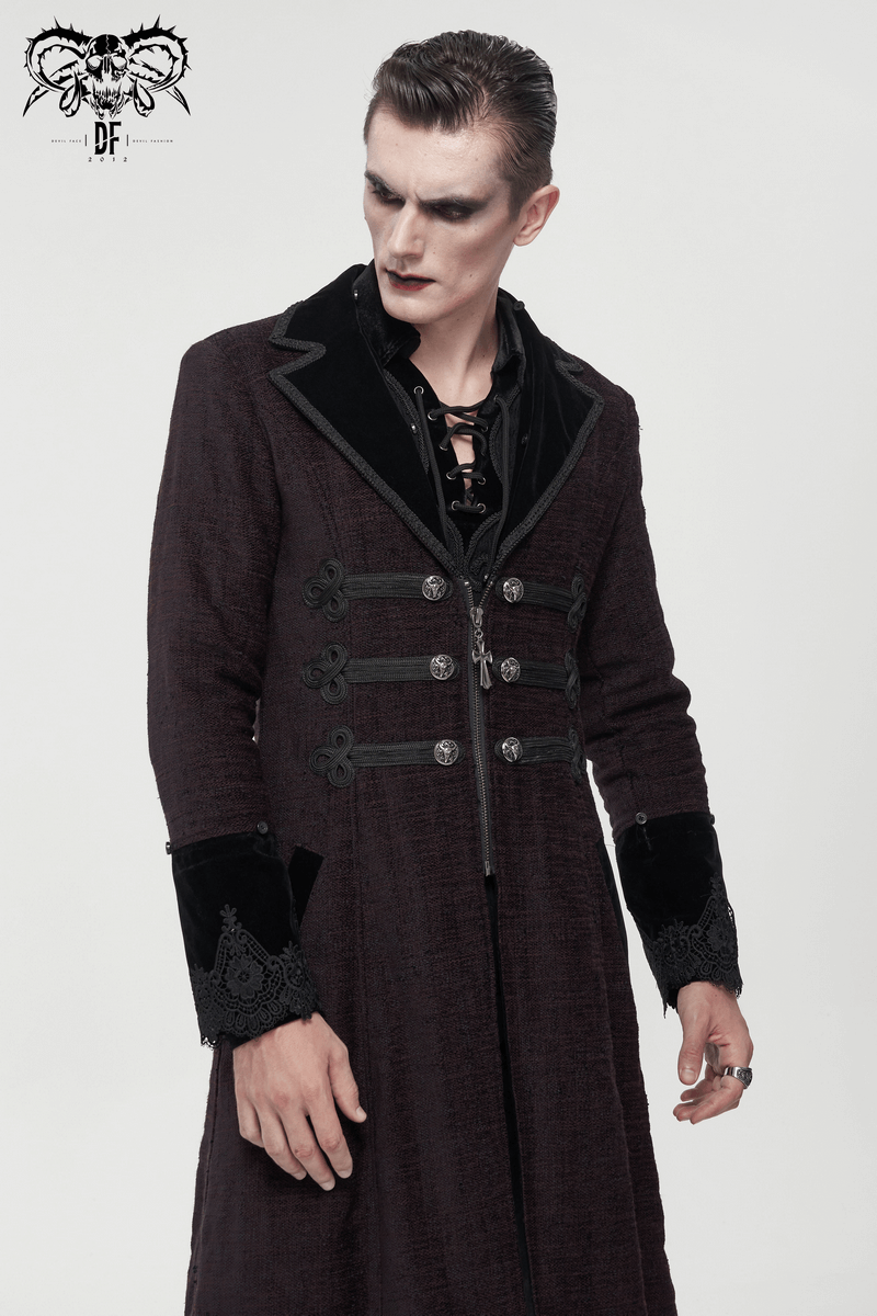 Stylish man in a gothic burgundy coat with detachable faux fur and vintage cut, showcasing unique buttons.
