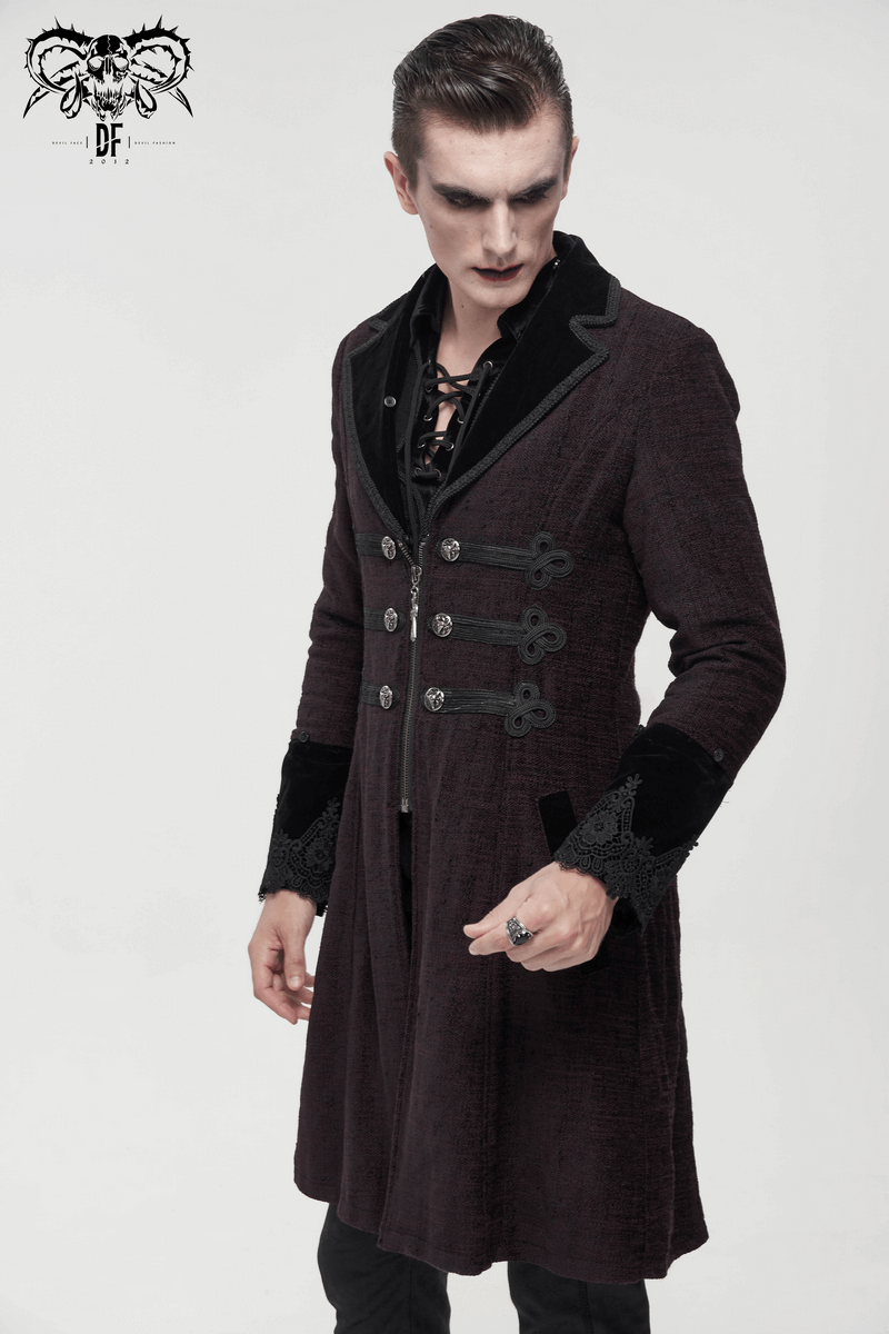 Gothic burgundy zipper coat with detachable faux fur in a stylish mid-length design for men.
