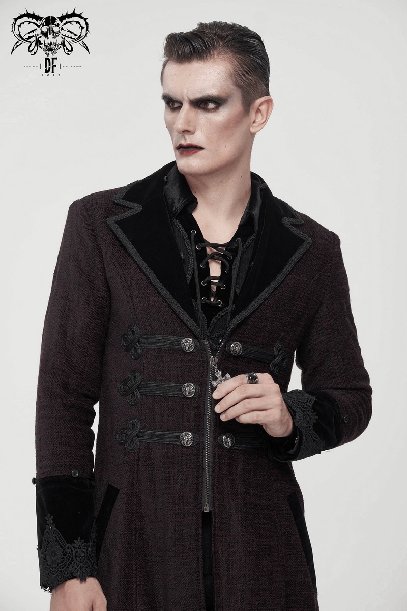 Men's gothic burgundy zipper coat with detachable faux fur, styled with vintage elegance.