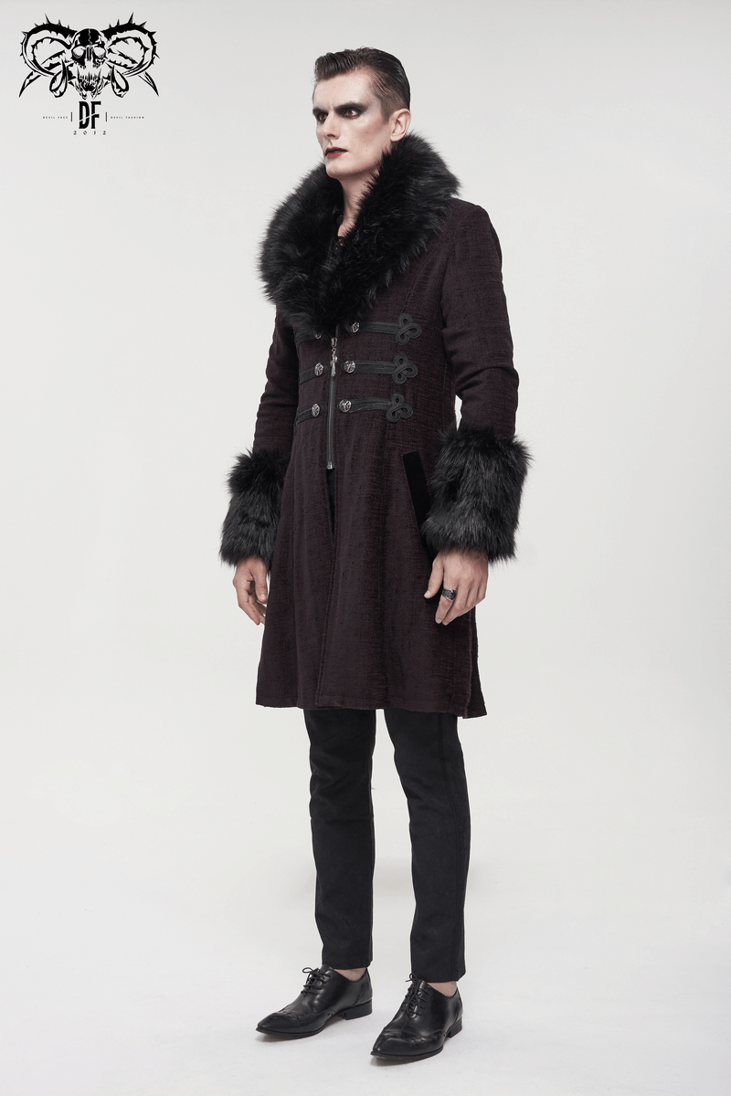 Men's gothic burgundy coat with detachable faux fur, double-breasted buttons, and vintage style.