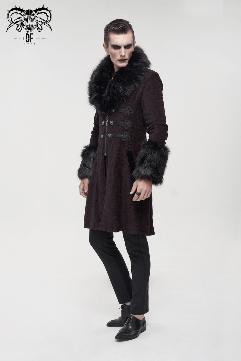 Stylish man in a gothic burgundy zipper coat with detachable faux fur, showcasing a vintage cut and edgy fashion.
