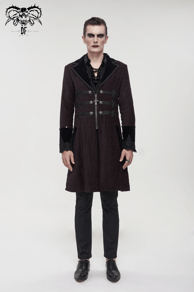 Gothic burgundy zipper coat with faux fur, showcasing mid-length style on a model in dark attire.