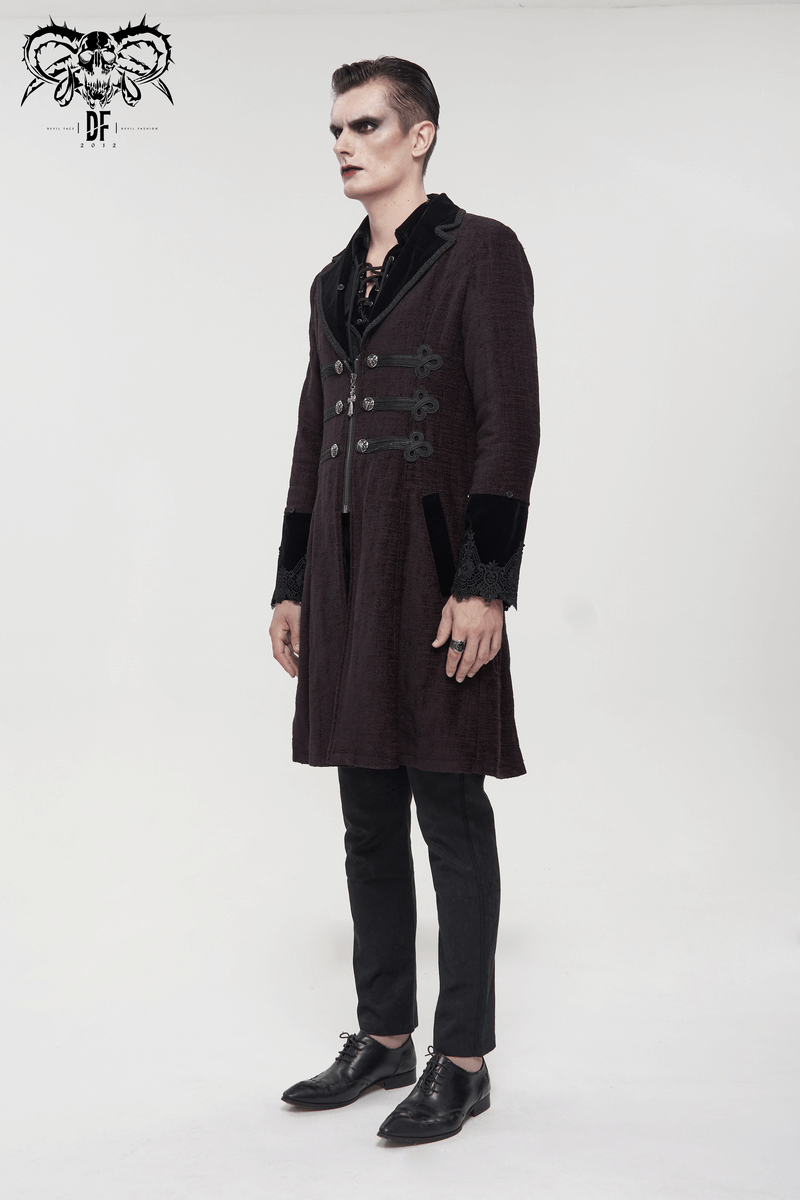 Men's gothic burgundy zipper coat with detachable faux fur, stylish mid-length design with buttons and vintage flair.