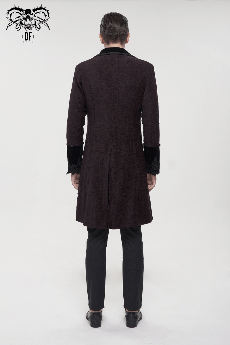 Men's gothic burgundy coat with detachable faux fur, shown from the back, highlighting vintage design and stylish details.