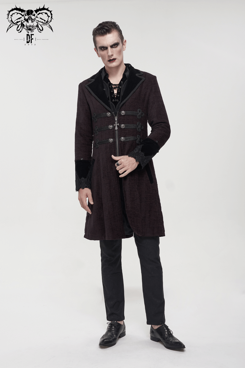 Model in a gothic burgundy zipper coat with detachable faux fur and stylish buttons.