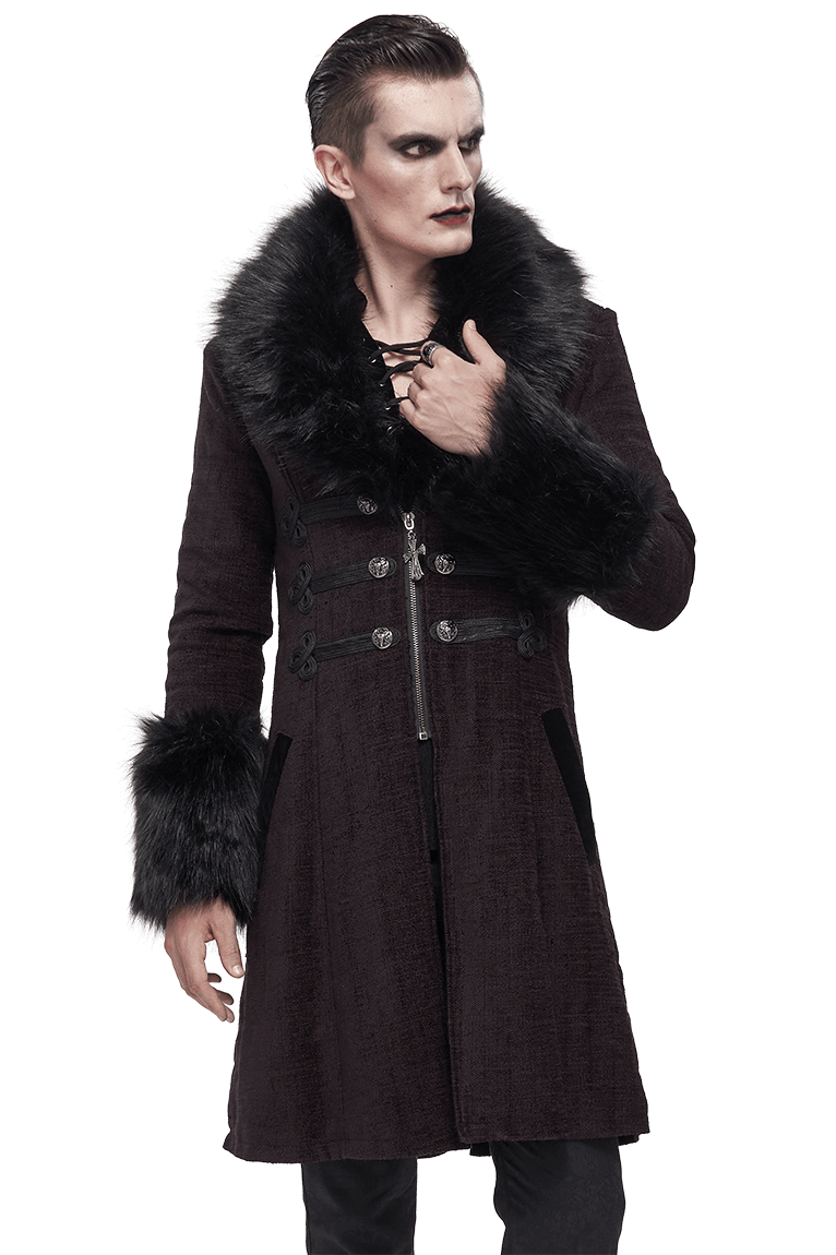 Gothic Burgundy Zipper Coat with Detachable Faux Fur / Men's Mid-Length Coat with Buttons - HARD'N'HEAVY