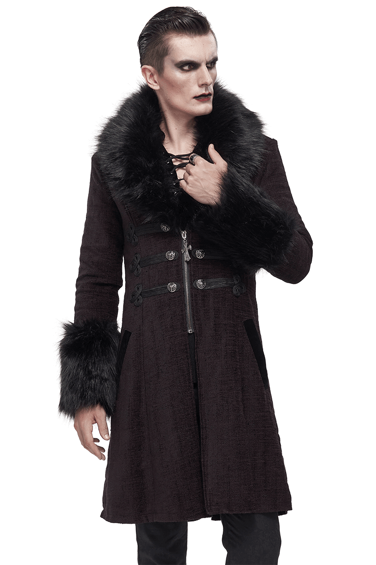 Men's gothic burgundy coat with detachable faux fur, featuring a vintage cut and stylish buttons.