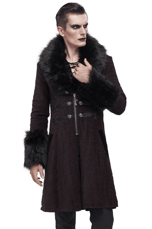 Manteau à glissière bordeaux gothique avec fausse fourrure amovible / manteau mi-long pour homme avec boutons
