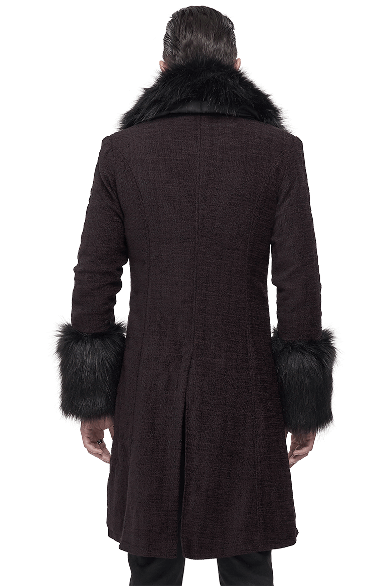 Gothic Burgundy Zipper Coat with Detachable Faux Fur / Men's Mid-Length Coat with Buttons - HARD'N'HEAVY