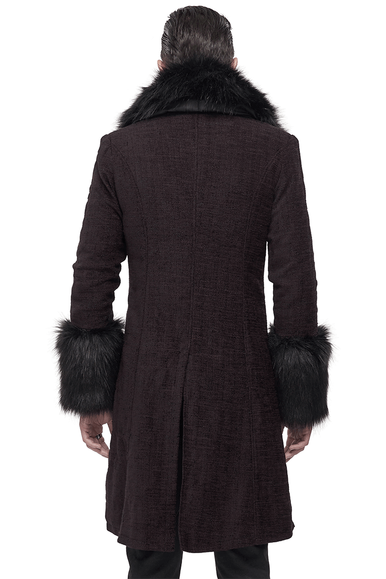 Back view of a men's gothic burgundy zipper coat featuring detachable faux fur collar and cuffs.