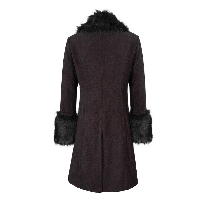 Back view of gothic burgundy zipper coat with detachable faux fur collar and cuffs, perfect for stylish men.